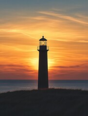 the Lonstrup lighthouse at sunrise, its silhouette highlighted by the golden hues of dawn over the sea