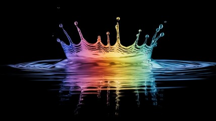 Rainbow liquid crown splash on black background, studio shot, vibrant design element