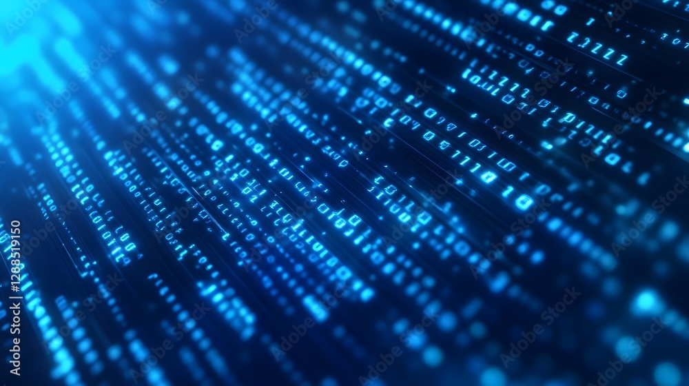 Poster Vibrant Blue Digital Data and Technology Abstract Background with Flowing Binary Codes Fiber Optic Patterns