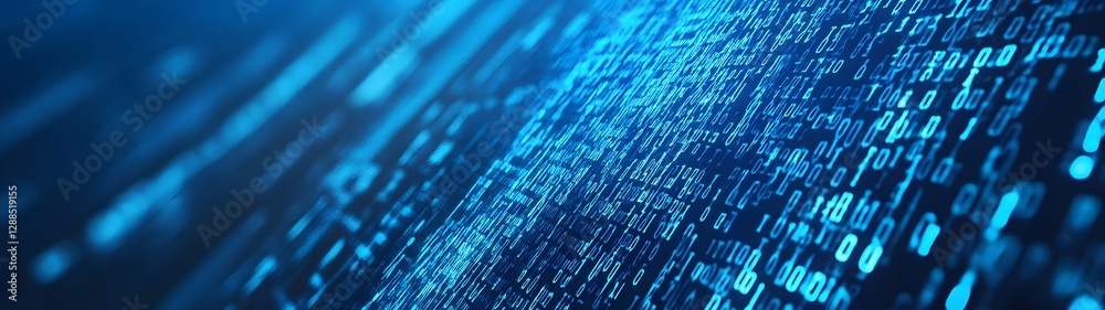 Poster Vibrant blue digital data network background depicting the complexity and interconnectedness of modern technology and information systems  The image showcases a digital landscape of binary code