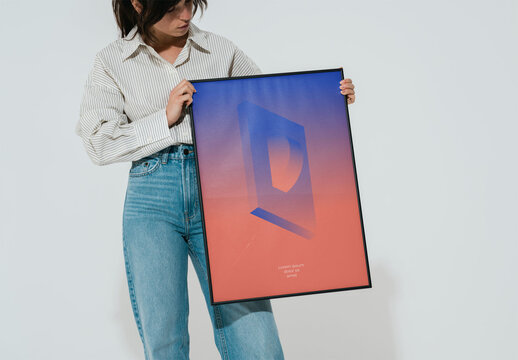 Mockup Of Woman With Vertical Customizable A2 Frame