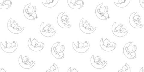 Seamless pattern with baby elephant, bunny and bear sleep on moon, vector line illustrations. Safari and woodland animals, outline drawing