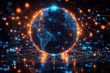 Obraz premium Glowing world map graphic illustration with digital network connection, dark space