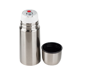 Stainless steel thermos isolated on white background. Bottle thermo container for hot drinks.