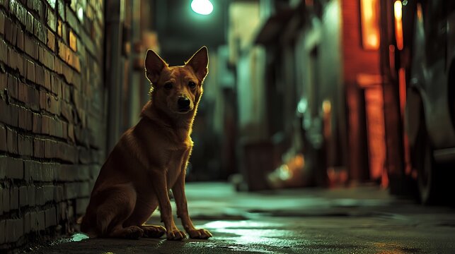 Stray Dog Sitting Alone in a Dim City Alley at Night / 夜の薄暗い街の路地に一人座る野良犬
