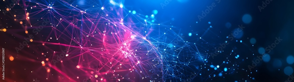 Poster Vibrant Digital Abstract Network of Glowing Particles and Cosmic Energies A mesmerizing kaleidoscopic display of dynamic digital art featuring a captivating interplay of light color and movement