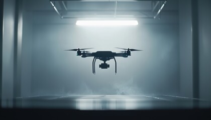 Drone flight demonstration in industrial warehouse aerial technology contemporary setting high-tech viewpoint