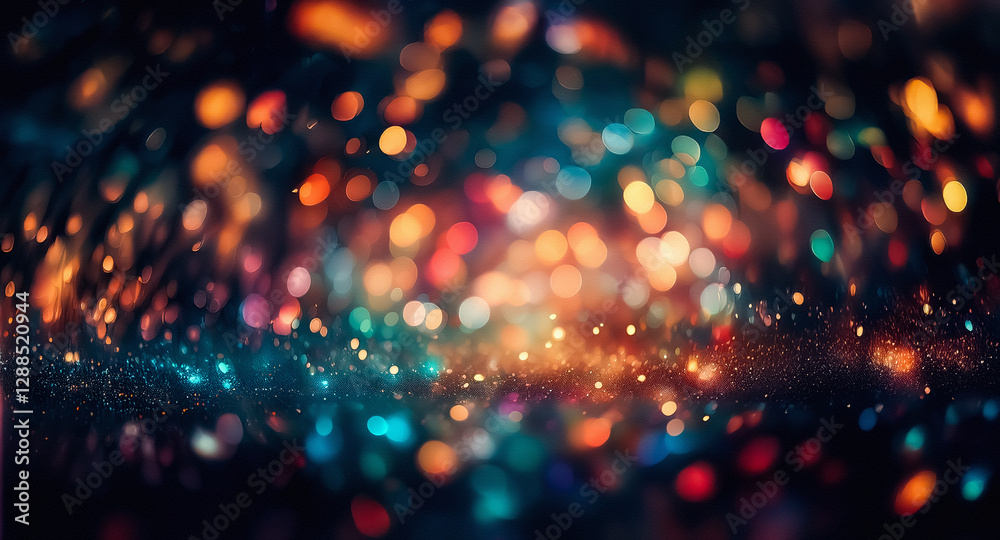Fototapete A vibrant bokeh background creates a festive atmosphere with a myriad of defocused colorful lights that resemble sparkling dots against a dark backdrop, evoking a sense of celebration and magic.
