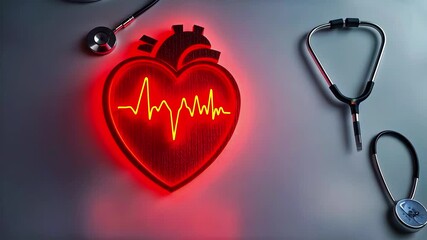 Heartbeat symbol illuminated in red with a stethoscope on a gray background, representing health