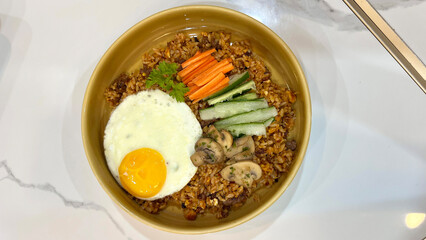 Fried rice mushroom with egg, Asian vegetarian cuisine ready to eat