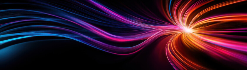 Obraz premium Colorful abstract fiber optic lights create vibrant, dynamic flow in dark background, evoking sense of energy and movement