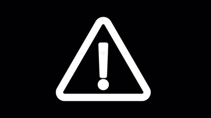Icon exclamation triangle is distorted. Glitch. Noise, chromatic aberration, geometric distortion. Transparent background, looped. In-Out looped. Alpha BW at the end