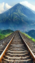 Fototapeta premium A serene landscape featuring railway tracks leading towards a majestic mountain, surrounded by lush greenery and a clear blue sky.