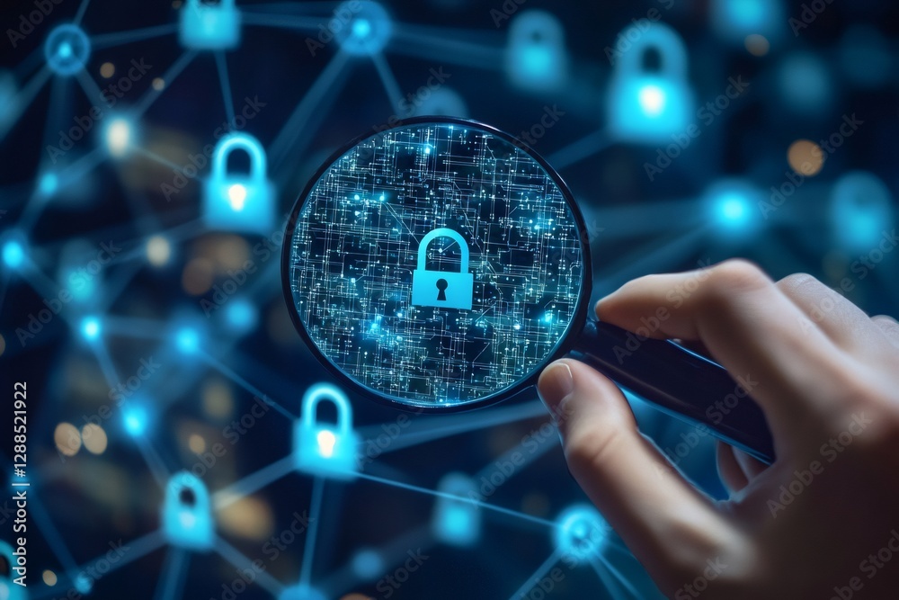 Poster Cybersecurity expert analyzing network security with magnifying glass, searching for vulnerabilities