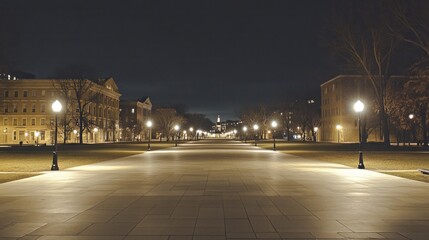 Night campus pathway, buildings, trees, lights, peaceful