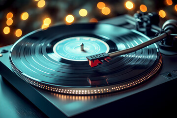 Experience the soulful sounds of jazz through a vintage turntable set against a backdrop of warm lights. classic turntable spins a vinyl record, filling the room with rich jazz melodies