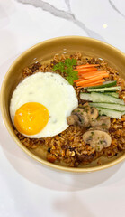 Fried rice mushroom with egg, Asian vegetarian cuisine ready to eat