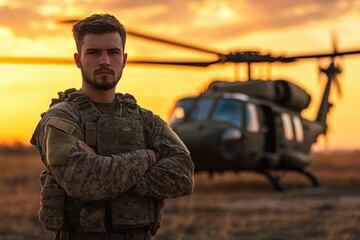 Soldier posing with arms crossed in front of military helicopter during sunset