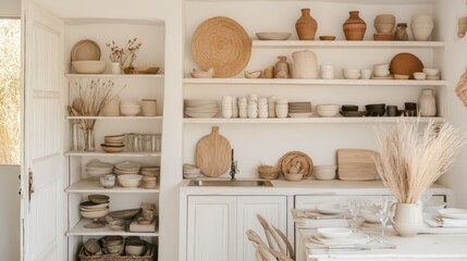 Fototapeta premium Coastal kitchen shelves display neutral pottery, dried flowers, table setting