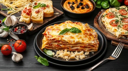 Meat lasagna layered melting concept. A delicious spread of Italian dishes featuring lasagna, garlic, fresh tomatoes, and assorted appetizers on a dark wooden table.