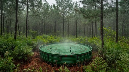 Fototapeta premium Circular Structure with Figures in Forest Clearing - Mysterious, Foggy, Nature