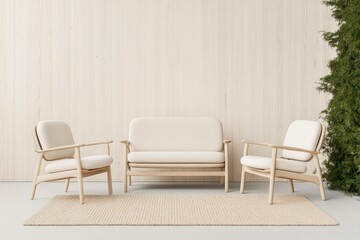 Fototapeta premium Modern Scandinavian inspired living room with minimalist beige furniture set against a wooden wall, creating a serene and stylish atmosphere
