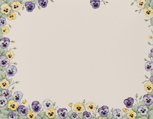 Obraz premium A beautifully illustrated floral border featuring pansies in shades of purple, yellow, and white against a light background, ideal for invitations and stationery.