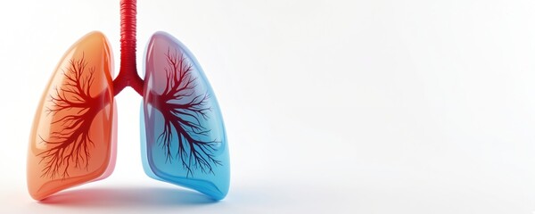 Illustration of human lungs in blue, orange colors on white background. Medical banner, poster about lung cancer awareness, pulmonary disease treatment. Healthy lifestyle, respiratory system concept.