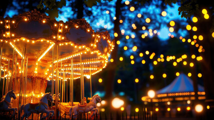 classic carousel illuminated by warm golden lights, surrounded by magical atmosphere. enchanting scene captures joy of festive evening