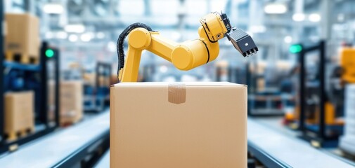 Automated robotic arm sorting packages modern warehouse industrial technology clean environment close-up view efficiency concept