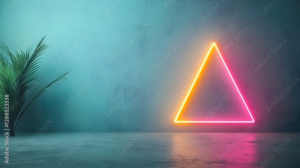 Poster captivating abstract digital artwork featuring neon triangular shapes symmetrically positioned on bo