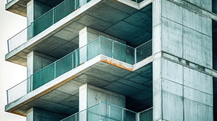 Concrete building under construction, city skyline background, architectural detail, real estate
