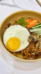 Fried rice mushroom with egg, Asian vegetarian cuisine ready to eat