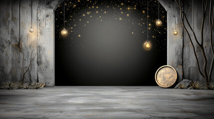 Enchanting Stage: A captivating, rustic stage setting bathed in ambient lighting. This image creates a sense of anticipation and wonder, perfect for conveying elegance and sophistication.