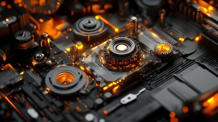 Fototapeta premium Close-up view of intricate, glowing, mechanical components, with gears, circuits, and glowing orange accents.