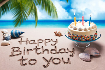 A vibrant tropical beach scene with a birthday cake surrounded by seashells and Happy Birthday to You elegantly written in the sand. Ideal for festive birthday backgrounds and summer celebration.