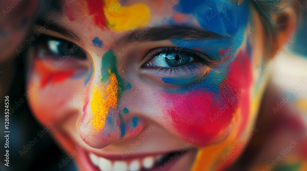Poster Vibrant Face with Colorful Paint Strokes and Expressive Smile   A captivating portrait of a model with a face painted in a playful abstract and visually striking manner conveying a sense of joy