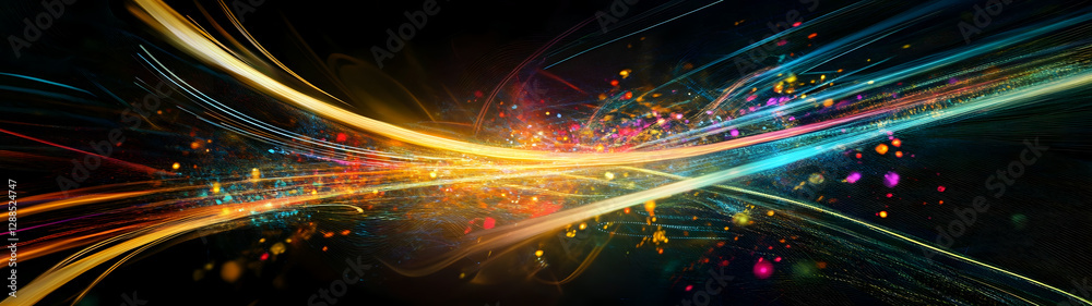 Poster Vibrant energy explosion of colorful digital lights sparks and swirling particles in a futuristic cosmic and mesmerizing motion  This abstract and surreal image evokes a sense of dynamic energy