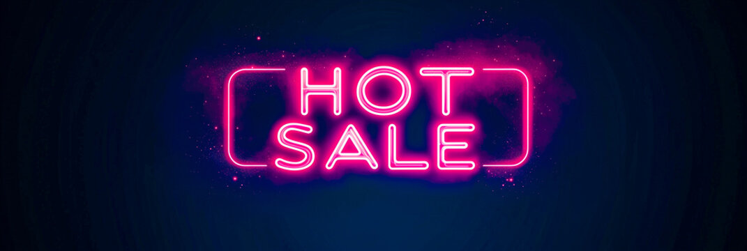 glowing neon sign with text 'HOT SALE' and bright sparks on dark blue background, concept of shopping, retail marketing, e commerce