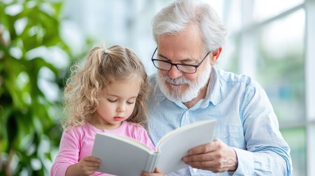 Grandfather reading book to granddaughter indoors, plants blurred background, family bonding