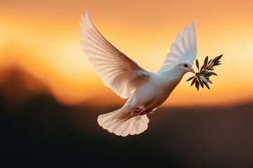 White dove flying with open wings carrying an olive branch at sunset