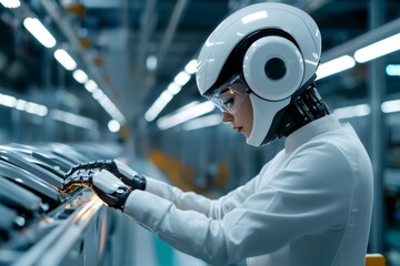 Female engineer with futuristic helmet and robotic hands working on assembly line in a factory