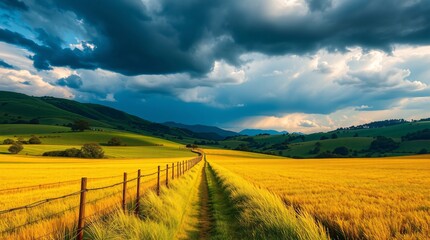 Scenic Landscape with Vibrant Yellow Fields, Winding Path, and Green Mountains, Golden Fields and Curving Dirt Road Leading to Lush Green Hills Under a Cloudy Sky