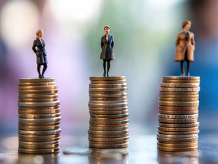 Gender Pay Gap: Miniature Figures on Coin Stacks Illustrating Wage Disparity