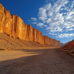 Naklejka premium Desert canyon pathway with towering rock walls, under a bright blue sky
