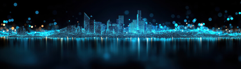 Obraz premium Holographic digital cityscape with glowing buildings and reflections