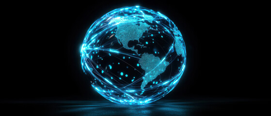Glowing blue globe with interconnected lines representing networked world