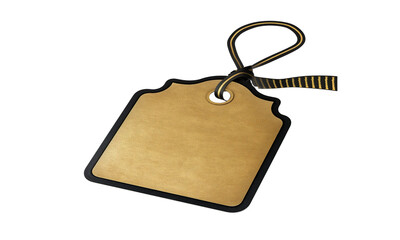 Fototapeta premium Blank Tag with Ribbon: A close-up studio shot showcases a beautifully crafted blank tag made of gold paper with black border and a decorative ribbon, ready for a personal touch.