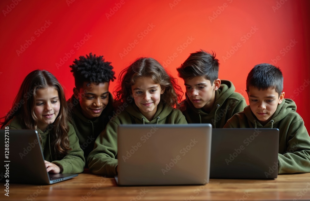 Aufkleber Group of kids coding, learning online. Children using laptops, study computer science, programming. Group of diverse teen students in green hoodies on red background. Teamwork, modern education,