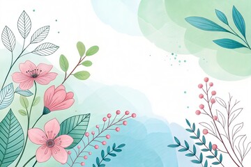 Botanical illustration with soft colors and watercolor background, featuring decorative flowers and leaves